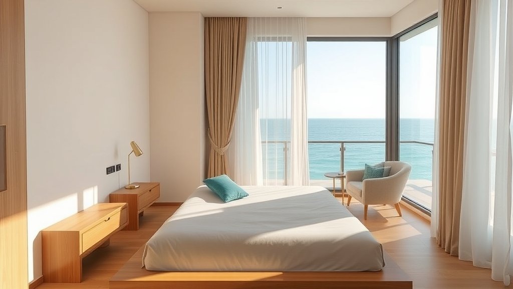 Phòng ngủ căn hộ 1 phòng ngủ Oriva Bay Quy Nhơn, giường gỗ thấp, rèm voan, cửa kính view biển