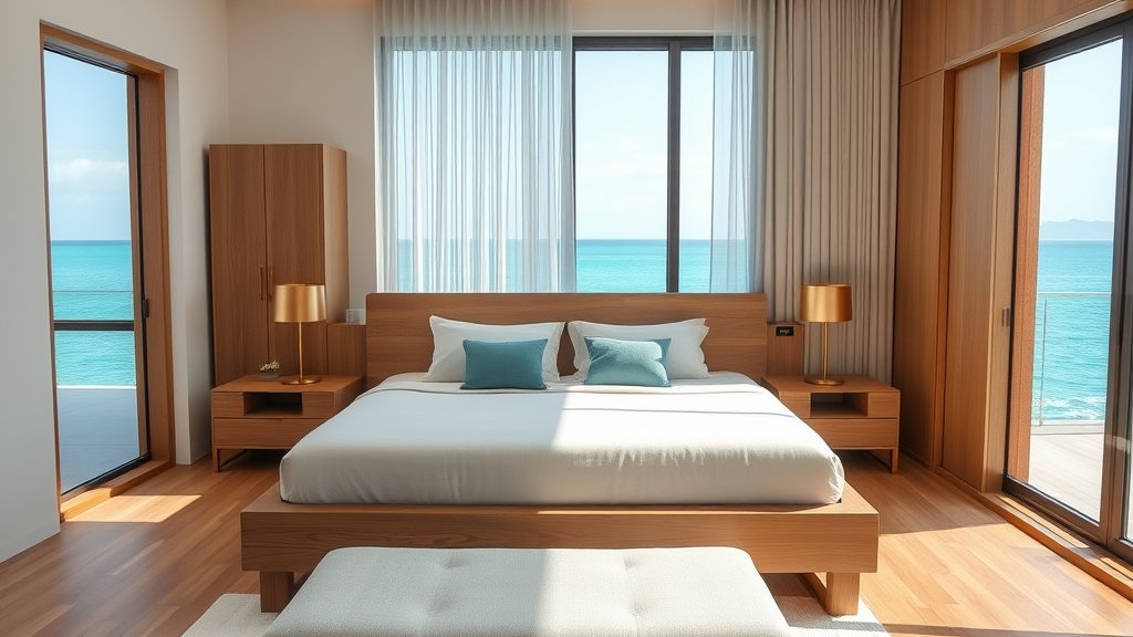 Phòng ngủ master căn hộ 2 phòng ngủ Oriva Bay Quy Nhơn, giường gỗ, tủ áo, view biển