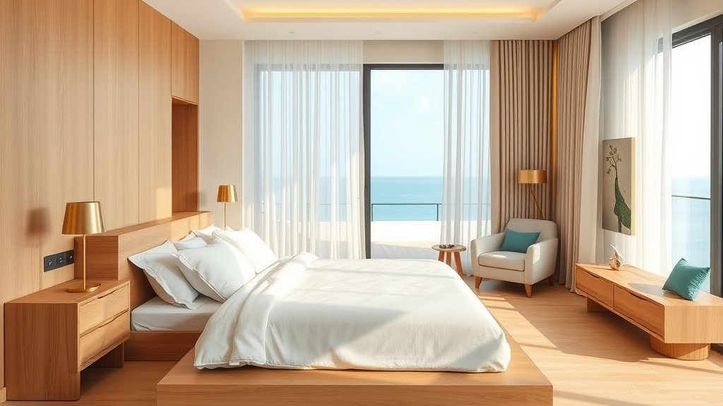 Phòng ngủ master căn hộ 3 phòng ngủ Oriva Bay Quy Nhơn, giường gỗ, góc thư giãn, view biển