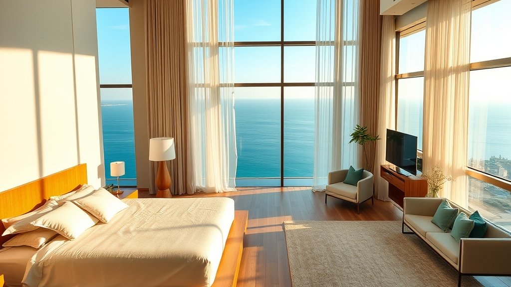 Phòng ngủ master Penthouse Oriva Bay Quy Nhơn, kính panorama, view biển từ trên cao, nội thất cao cấp